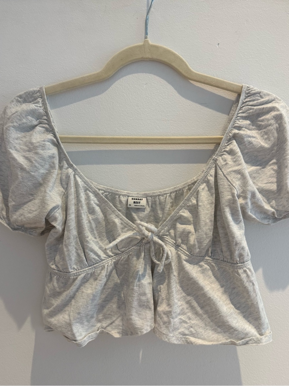 Sunday Best Light Heather Gray Cropped Tie-Front Puff Sleeve Top